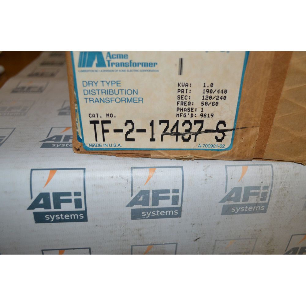 ACME ELECTRIC TF-2-17437-S TRANSFORMER  SINGLE PHASE  1000 VA  120-240 VAC SECONDARY  50/60 HZ