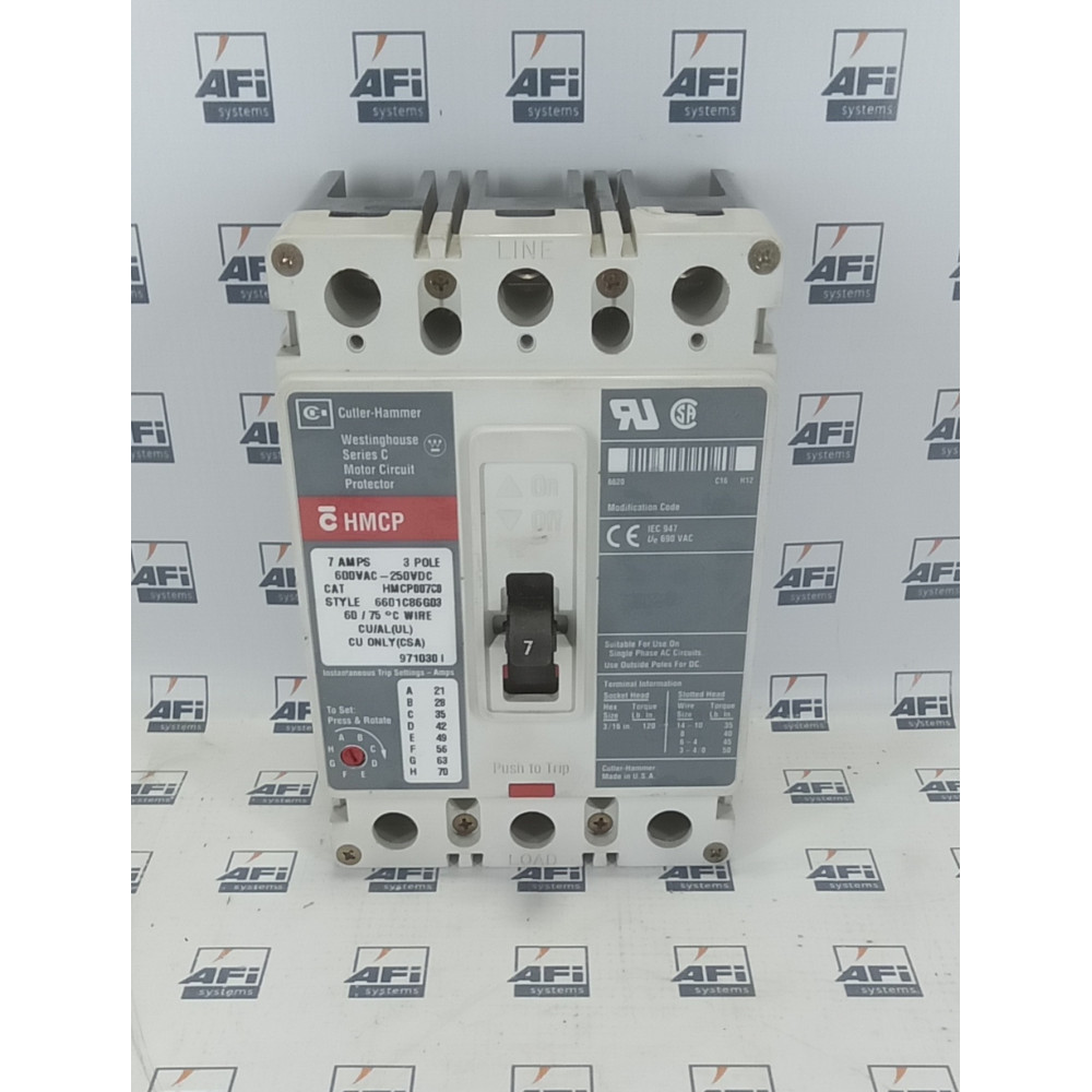  EATON CORPORATION CUTLER HAMMER HMCP007C0C CIRCUIT BREAKER  MOLDED CASE  SERIES C  600 VAC MAX  250 VDC MAX  3-POLE  7 AMP  THERMAL MAGNETIC