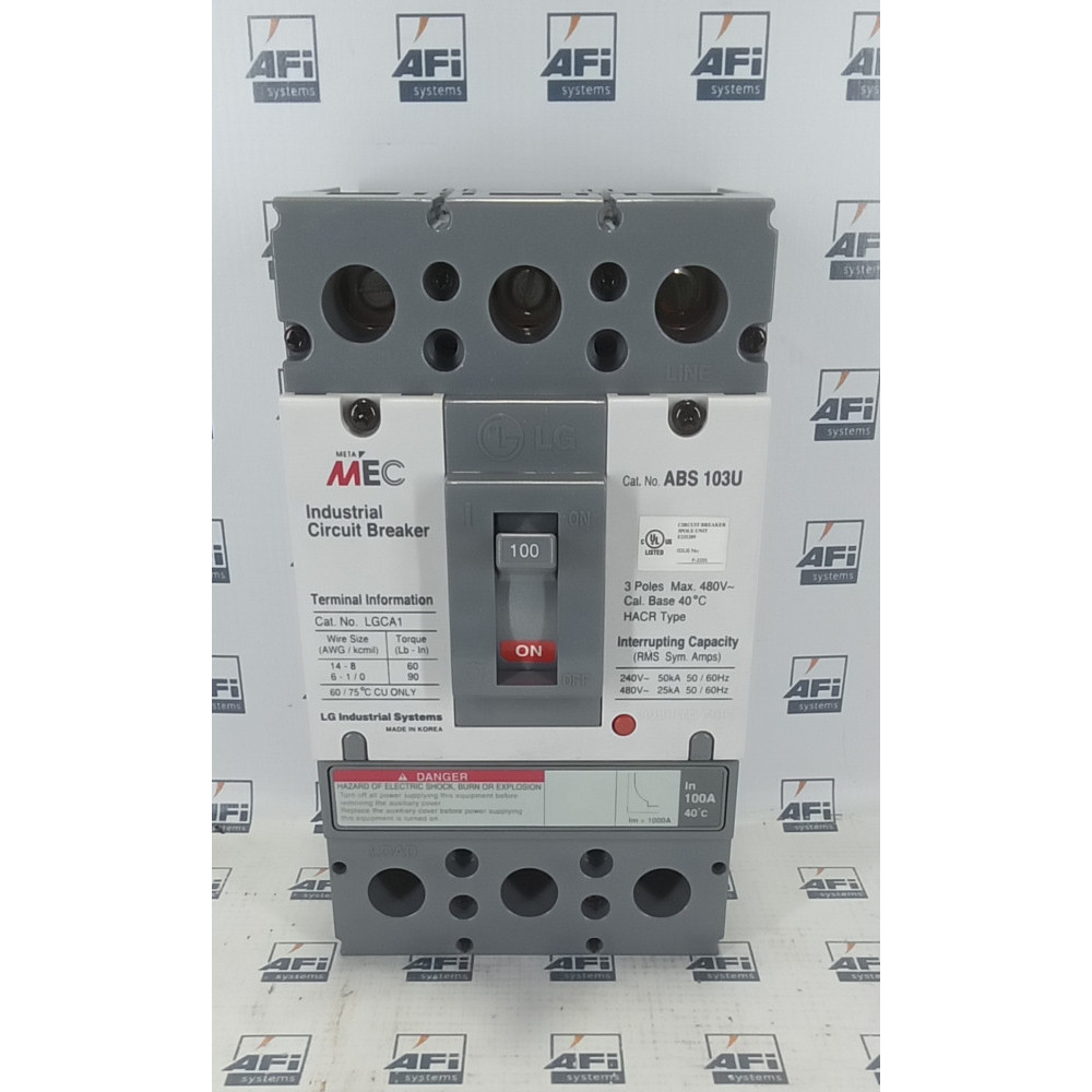 LG ABS-103U-100A MOLDED CASE CIRCUIT BREAKER. 100AMP. 3 POLE. 480V.