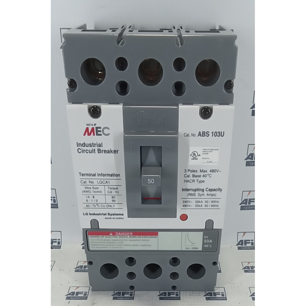 LG ABS-103U-50A MOLDED CASE CIRCUIT BREAKER. 50AMP. 3 POLE. 480V. HACR TYPE