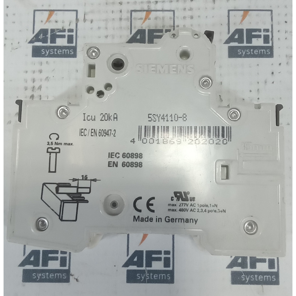 SIEMENS ITE SIEMENS 5SY4110-8 MINIATURE CIRCUIT BREAKER  230/400 V  10 KA  1-POLE  D  10 A  D = 70 MM
