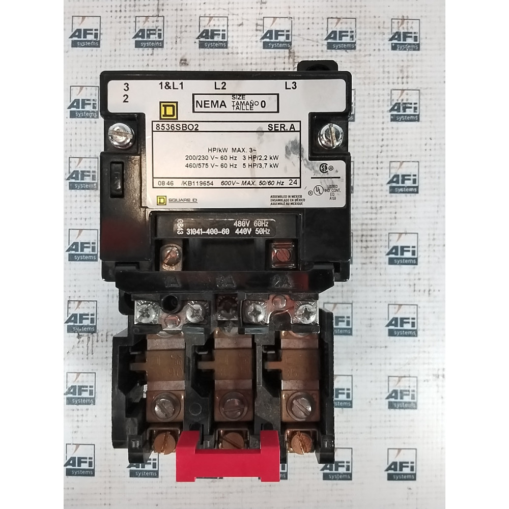 Square D 8536SBO2 type SBO  NEMA size 0  3PH  3P  18A  600V  3HP@200/230VAC - 5HP@380/575VAC  120V AC coil 60Hz
